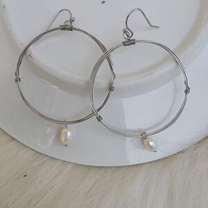 silver hoop earrings with pearl dangle